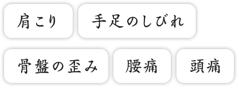 肩こり,手足のしびれ,骨盤の歪み,腰痛,頭痛